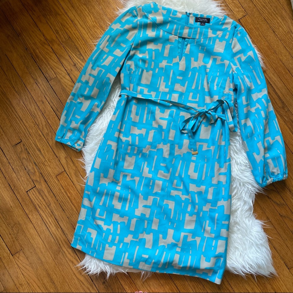 Tahari | Blue & Tan Shift Dress | Size 4